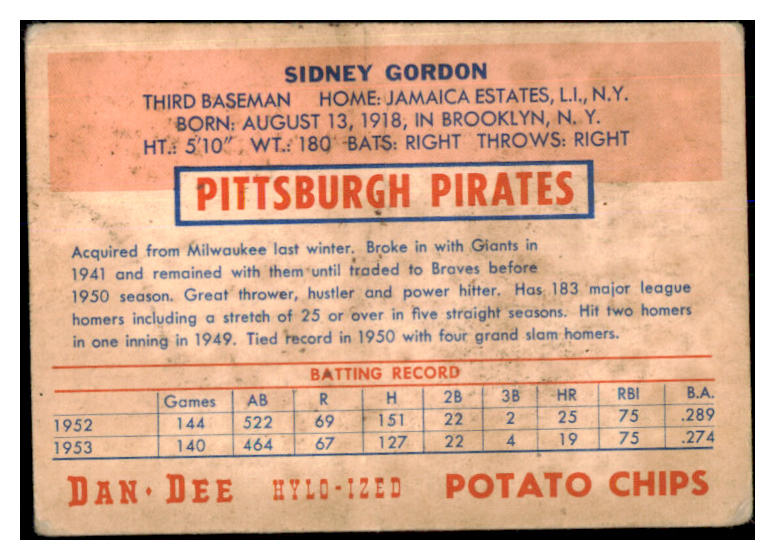 1954 Dan Dee Sid Gordon Pirates VG-EX 431161