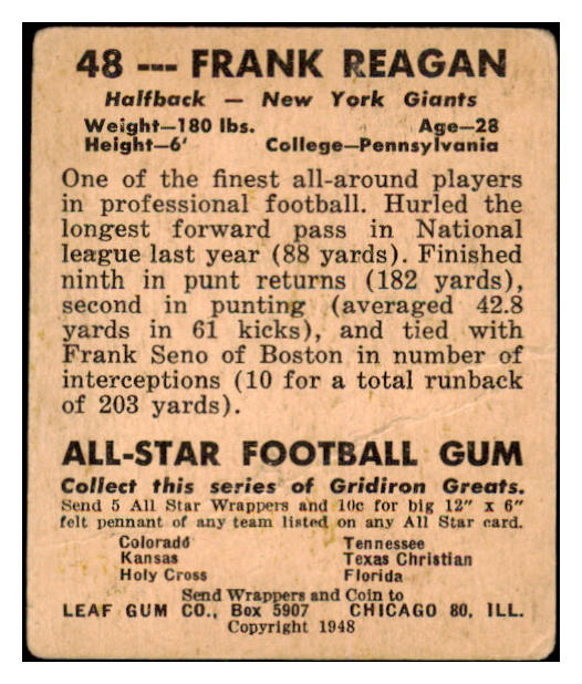 1948 Leaf Football #048 Frank Reagan Giants Good 436020