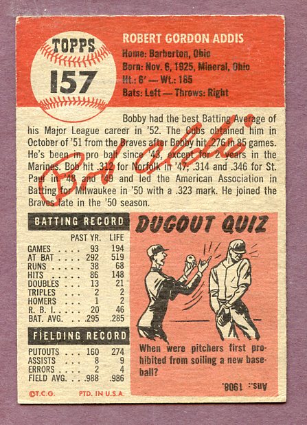 1953 Topps Baseball #157 Bob Addis Cubs EX 448465