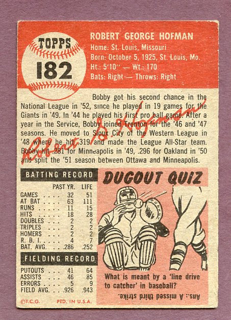 1953 Topps Baseball #182 Bob Hofman Giants VG 448610