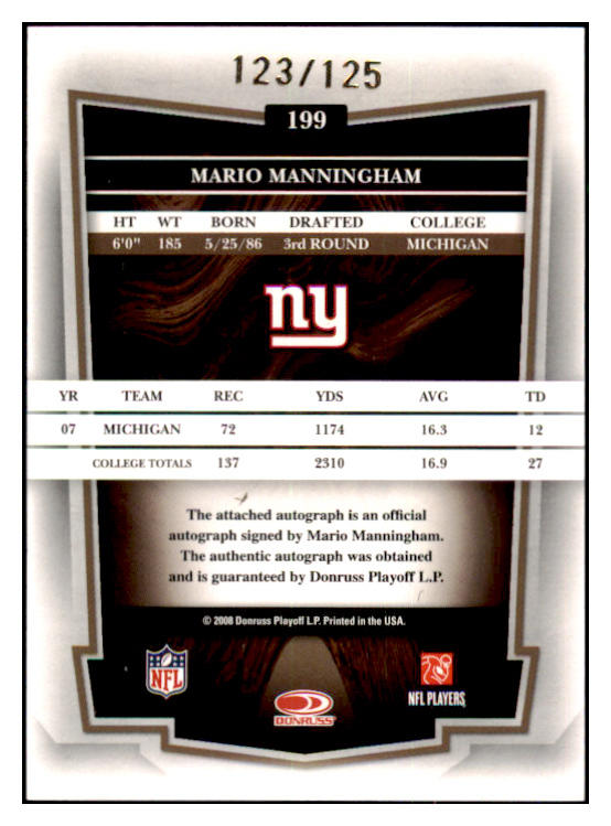 2008 Donruss Significant #199 Mario Manningham Giants Signed 461595