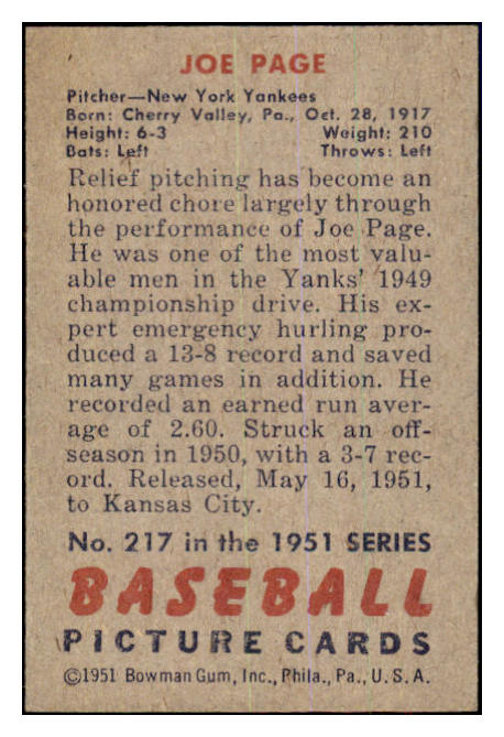 1951 Bowman Baseball #217 Joe Page Yankees EX-MT 463234