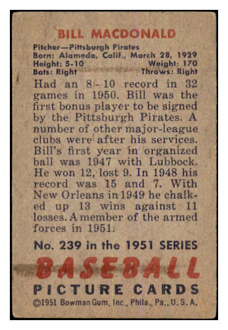 1951 Bowman Baseball #239 Bill MacDonald Pirates VG-EX 463270