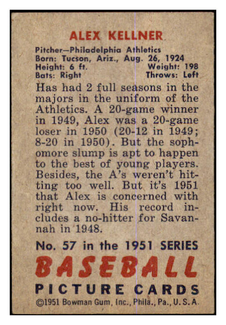 1951 Bowman Baseball #057 Alex Kellner A's VG-EX 463431