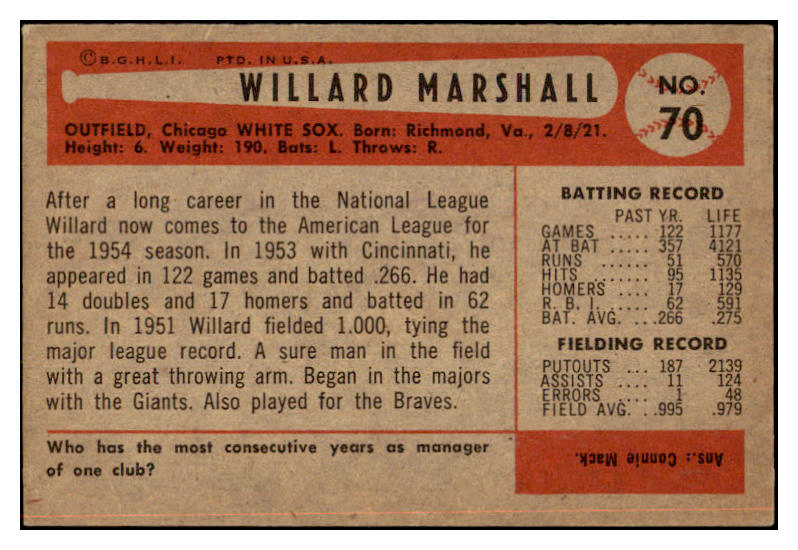 1954 Bowman Baseball #070 Willard Marshall White Sox EX-MT 463491