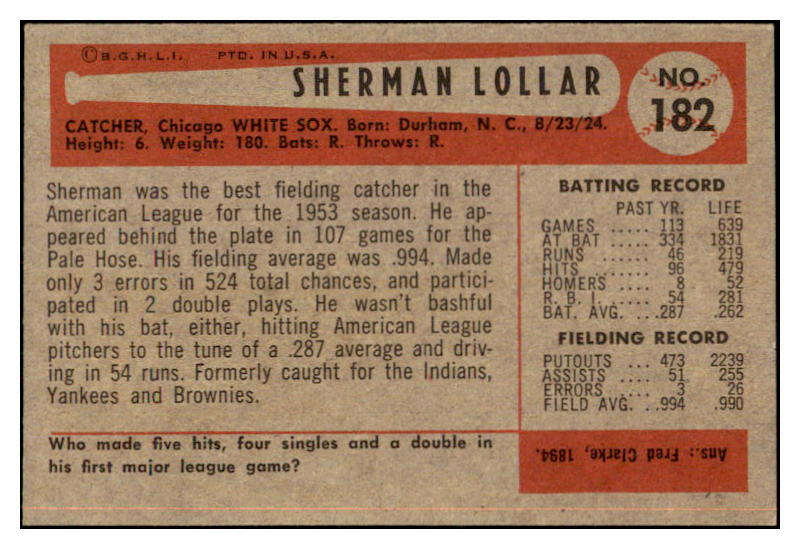1954 Bowman Baseball #182 Sherm Lollar White Sox EX-MT 463511