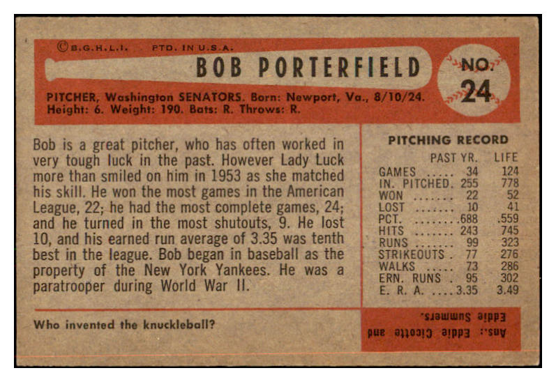 1954 Bowman Baseball #024 Bob Porterfield Senators EX-MT 463563