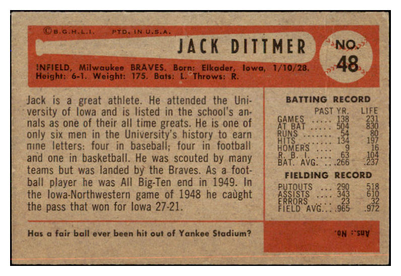 1954 Bowman Baseball #048 Jack Dittmer Braves EX-MT 463592