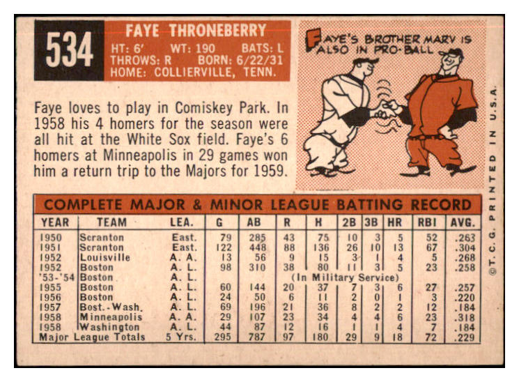 1959 Topps Baseball #534 Faye Throneberry Senators VG-EX 464261