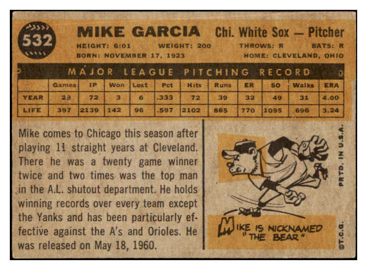 1960 Topps Baseball #532 Mike Garcia White Sox VG-EX 464343