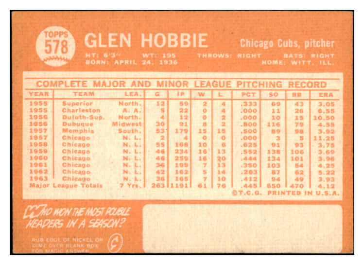 1964 Topps Baseball #578 Glen Hobbie Cubs VG-EX 464799