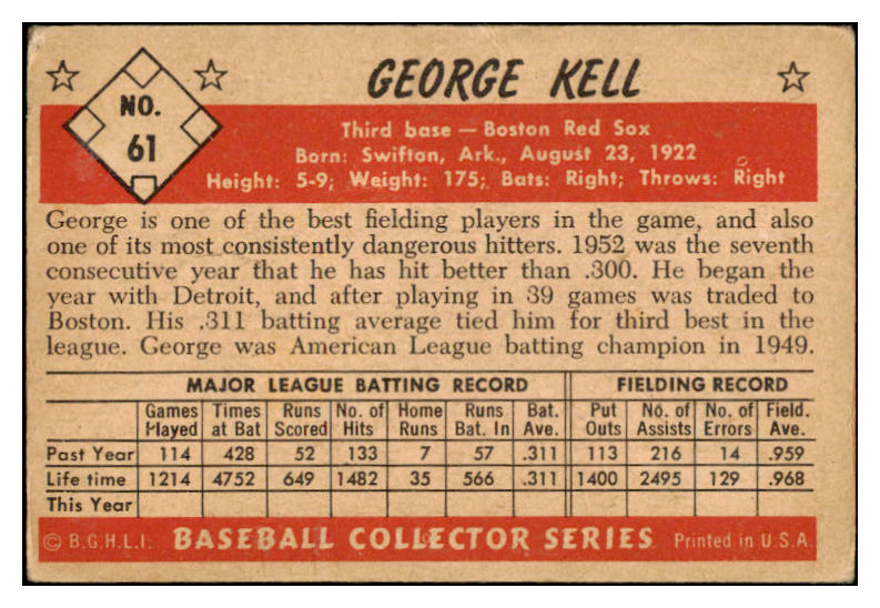 1953 Bowman Color Baseball #061 George Kell Red Sox GD-VG 465248