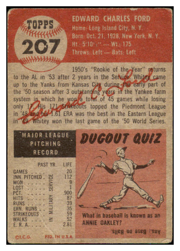 1953 Topps Baseball #207 Whitey Ford Yankees Good 465271