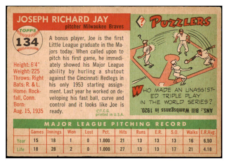 1955 Topps Baseball #134 Joe Jay Braves EX-MT 465317