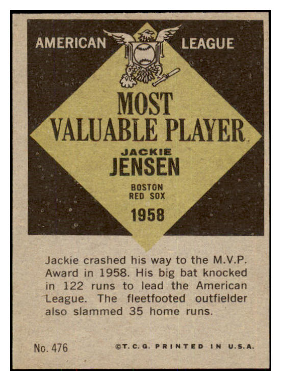 1961 Topps Baseball #476 Jackie Jensen MVP Red Sox EX-MT 466930