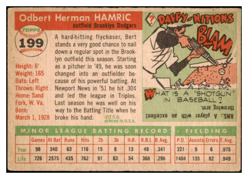 1955 Topps Baseball #199 Bert Hamric Dodgers VG 467670