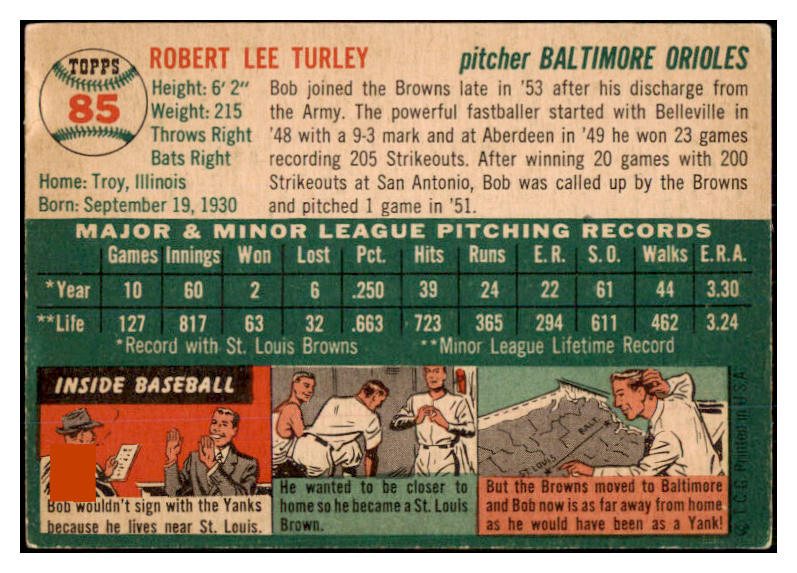 1954 Topps Baseball #085 Bob Turley Orioles VG-EX 468397