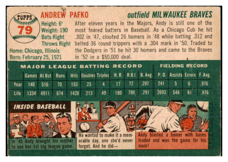 1954 Topps Baseball #079 Andy Pafko Braves EX 468402