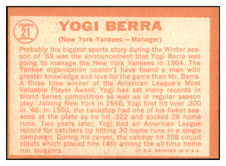 1964 Topps Baseball #021 Yogi Berra Yankees EX-MT oc 468978