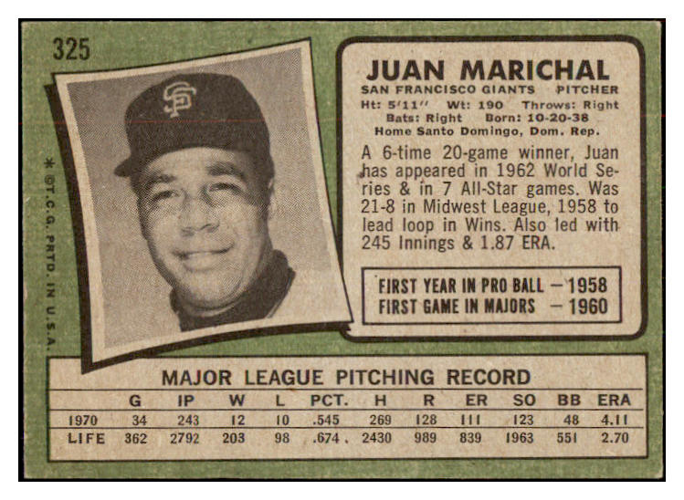 1971 Topps Baseball #325 Juan Marichal Giants EX+/EX-MT 469928