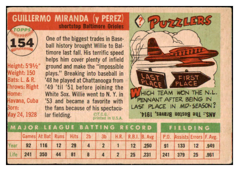 1955 Topps Baseball #154 Willie Miranda Orioles VG 470431