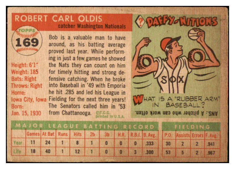 1955 Topps Baseball #169 Bob Oldis Senators VG 470434