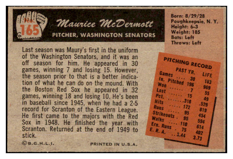 1955 Bowman Baseball #165 Maurice McDermott Senators EX-MT 472399