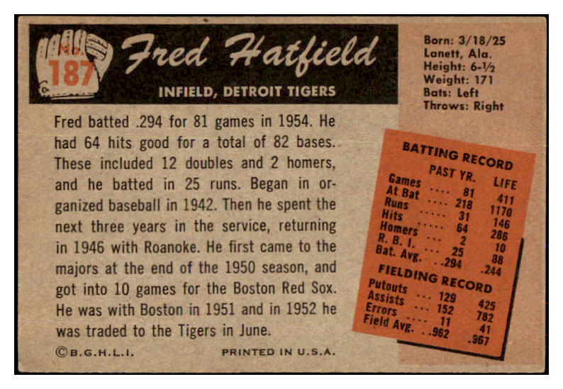 1955 Bowman Baseball #187 Fred Hatfield Tigers EX-MT 472407