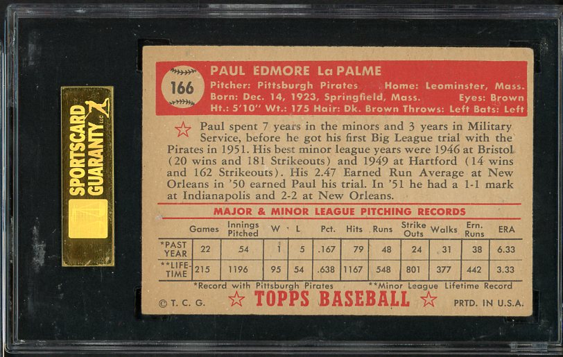 1952 Topps Baseball #166 Paul Lapalme Pirates SGC 5 EX 472768