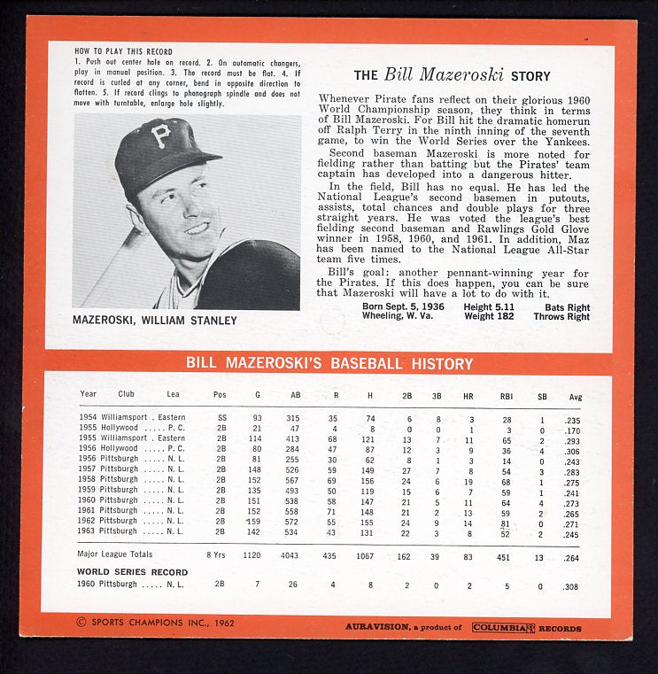 1964 Auravision Records Bill Mazeroski Pirates NR-MT 473359 Kit Young Cards