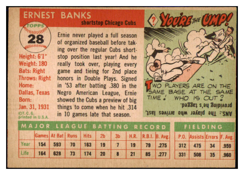 1955 Topps Baseball #028 Ernie Banks Cubs VG-EX 473673 Kit Young Cards