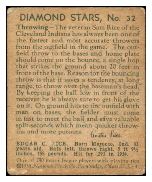 1934-36 Diamond Stars #032 Sam Rice Indians VG 473706 Kit Young Cards