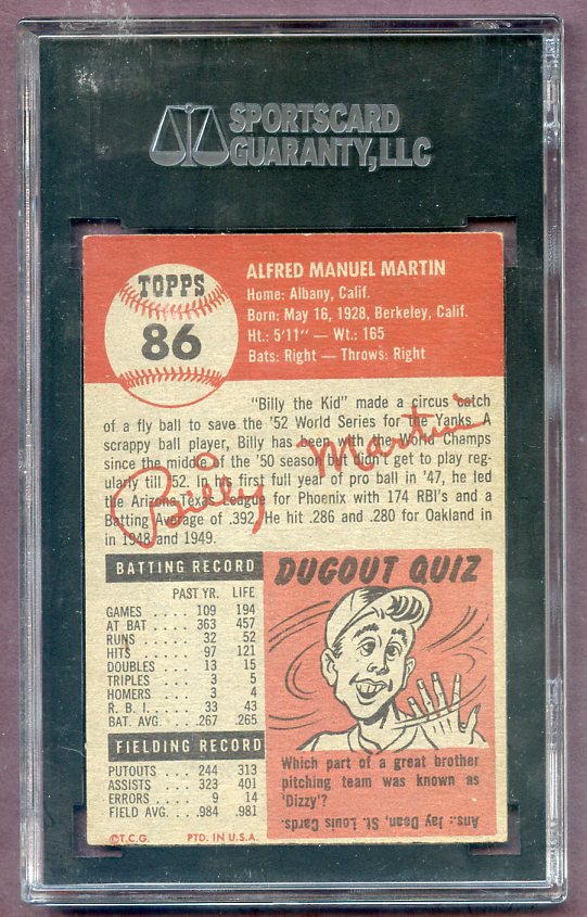 1953 Topps Baseball #086 Billy Martin Yankees SGC 4.5 VG-EX+ 474000