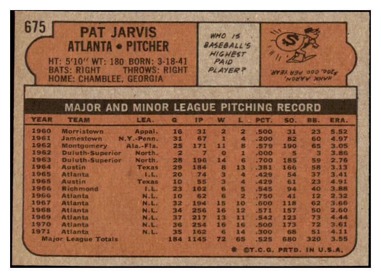 1972 Topps Baseball #675 Pat Jarvis Braves EX-MT 476816