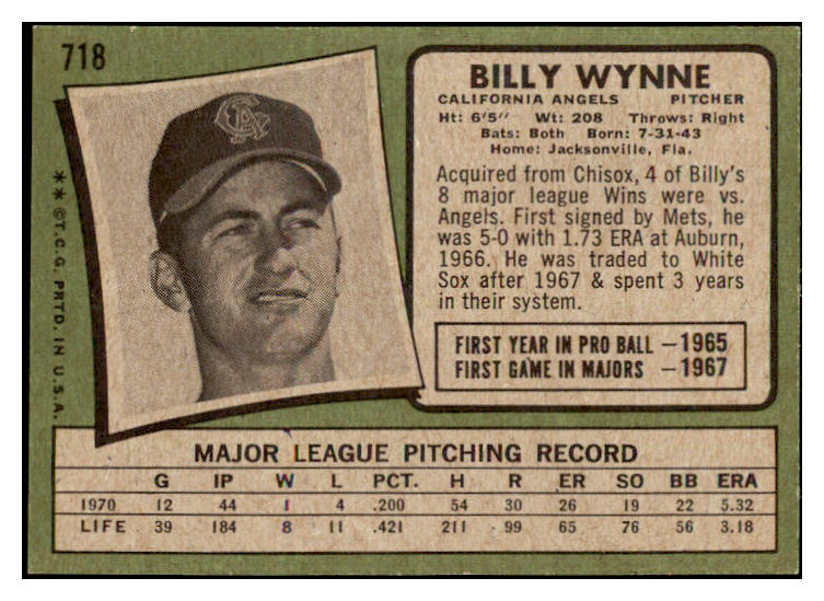 1971 Topps Baseball #718 Billy Wynne Angels EX-MT 477087