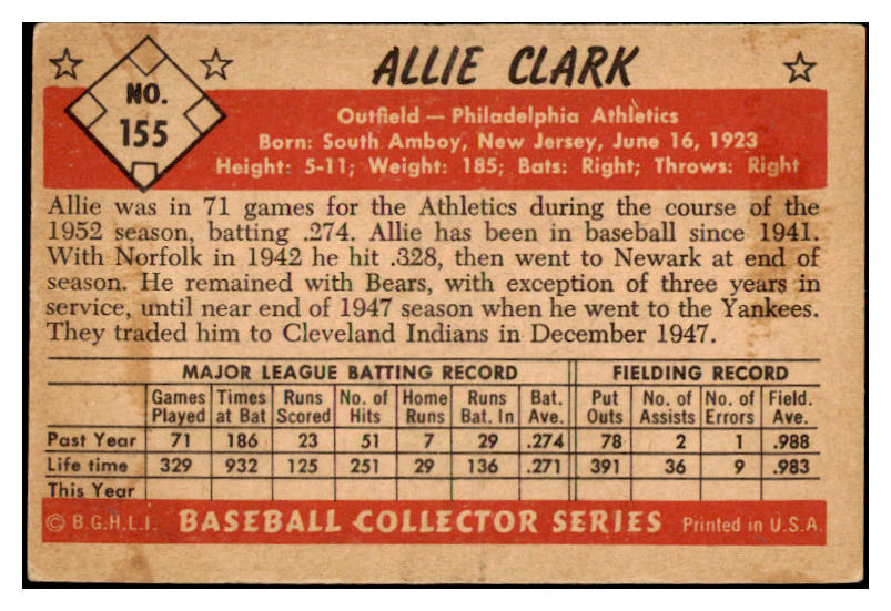 1953 Bowman Color Baseball #155 Allie Clark A's VG 477150