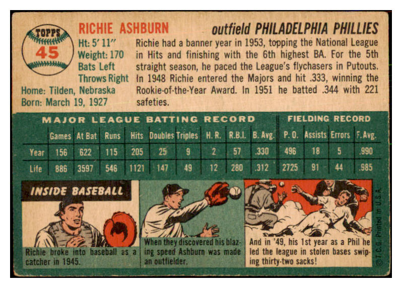 1954 Topps Baseball #045 Richie Ashburn Philles EX 477169