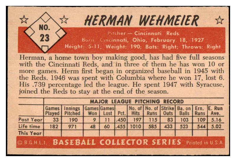 1953 Bowman Color Baseball #023 Herman Wehmeier Reds EX+/EX-MT 477214