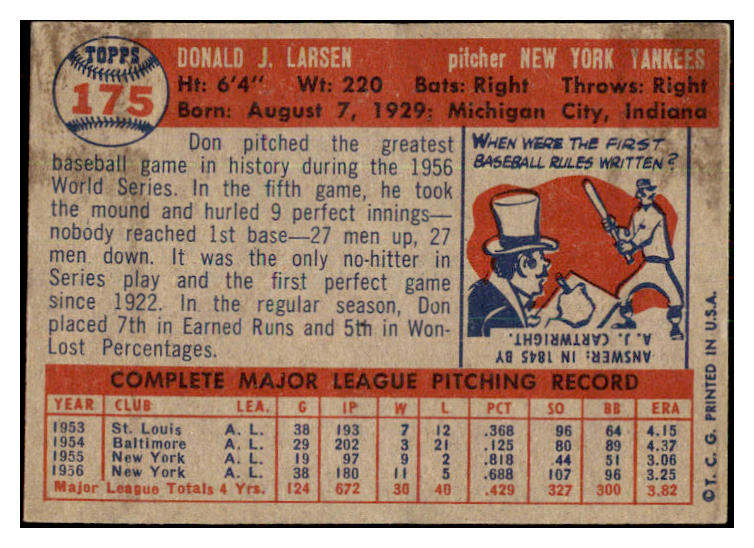 1957 Topps Baseball #175 Don Larsen Yankees VG-EX 477325