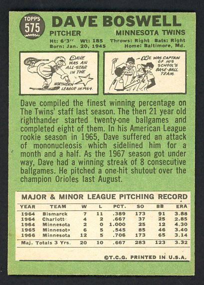1967 Topps Baseball #575 Dave Boswell Twins EX-MT 478125