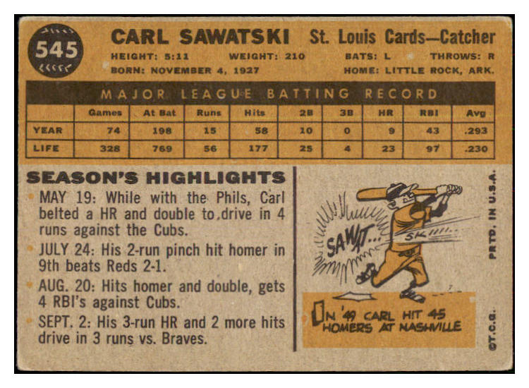 1960 Topps Baseball #545 Carl Sawatski Cardinals VG-EX 478160