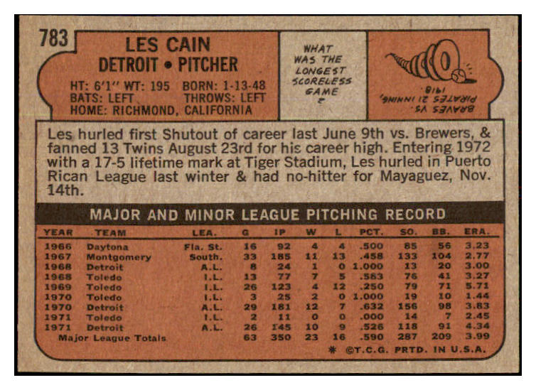1972 Topps Baseball #783 Les Cain Tigers NR-MT 478414