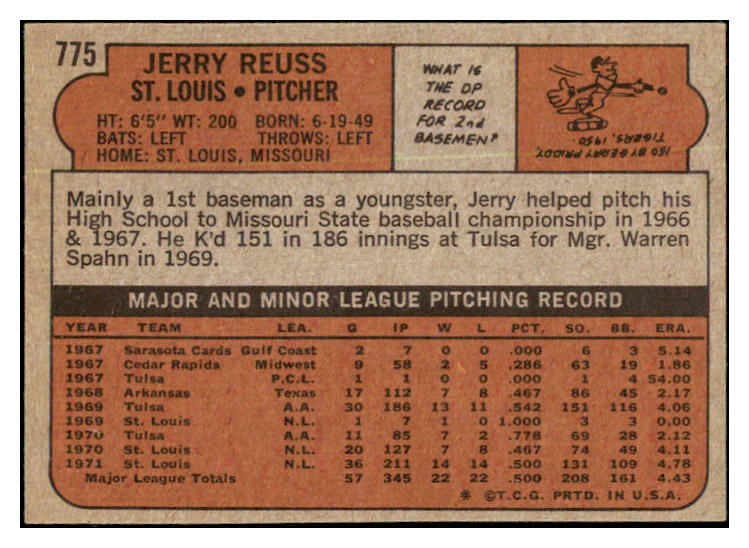 1972 Topps Baseball #775 Jerry Reuss Cardinals NR-MT 478488