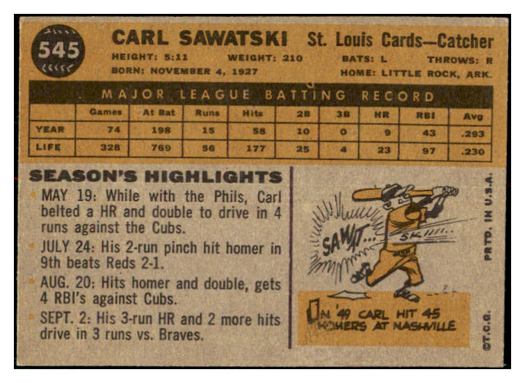 1960 Topps Baseball #545 Carl Sawatski Cardinals NR-MT 479234
