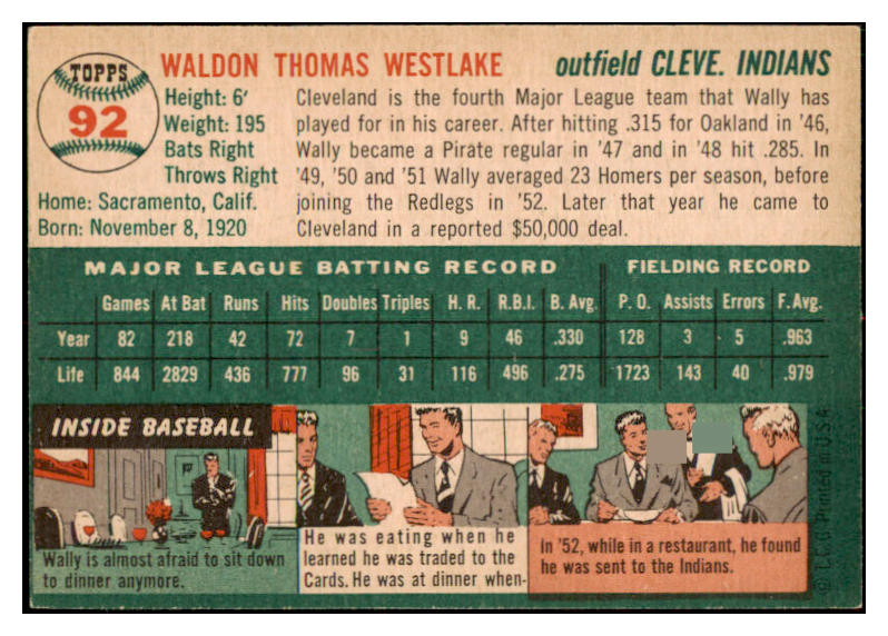 1954 Topps Baseball #092 Wally Westlake Indians EX-MT 479261