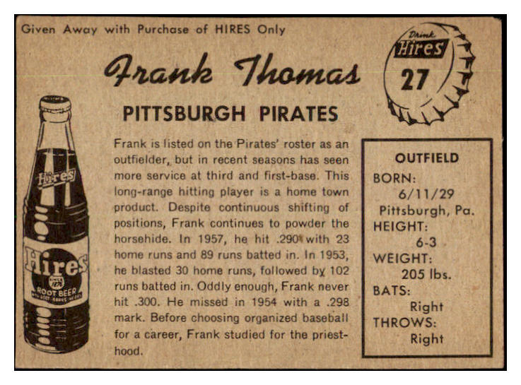 1958 Hires #027 Frank Thomas Pirates EX-MT No Tab 479498