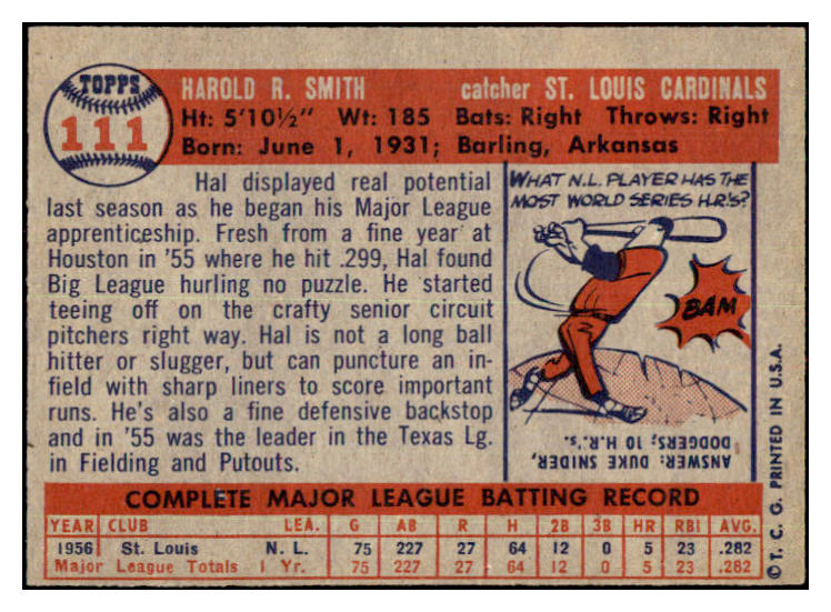 1957 Topps Baseball #111 Hal Smith Cardinals VG-EX 480145