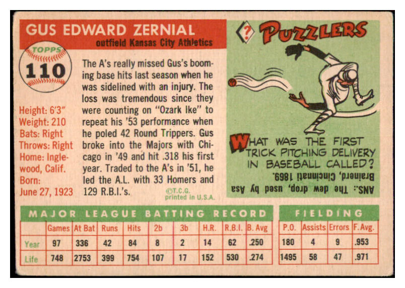1955 Topps Baseball #110 Gus Zernial A's VG-EX 480382