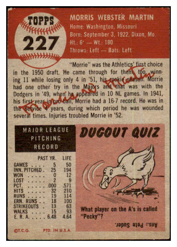 1953 Topps Baseball #227 Morrie Martin A's VG 480517