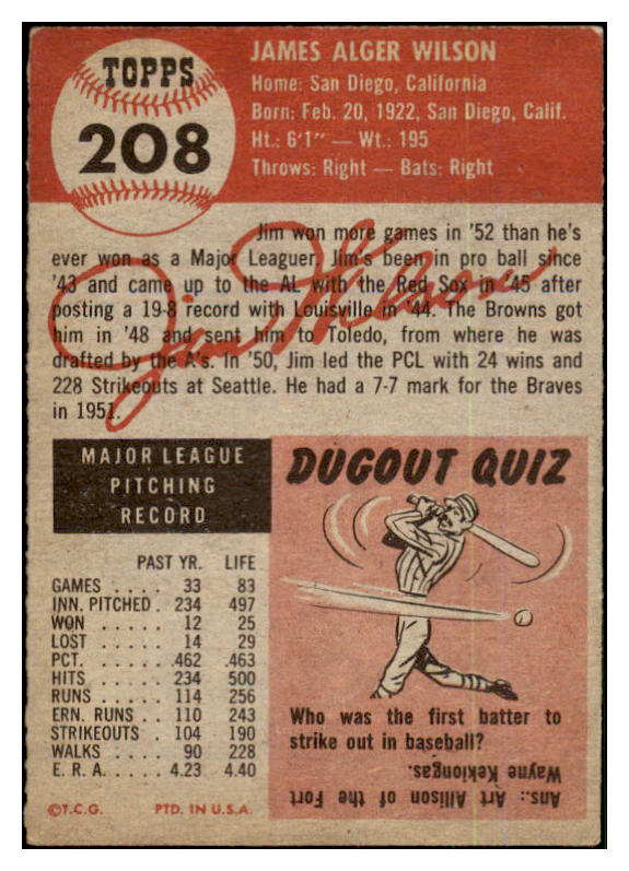 1953 Topps Baseball #208 Jim Wilson Braves VG 480519
